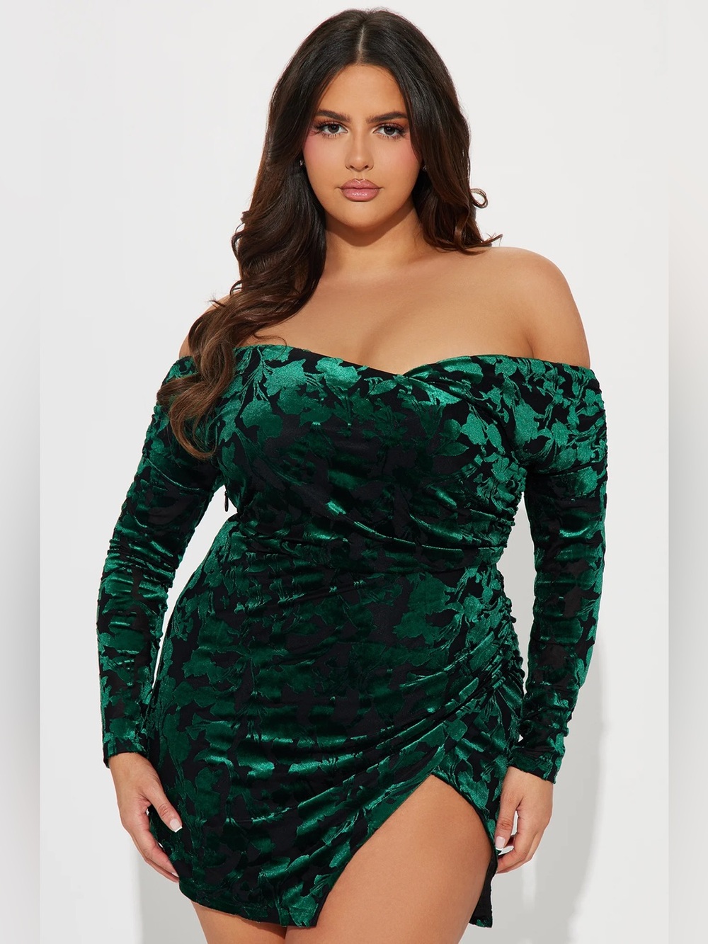 Fashion Nova Sz 3XL Abigail Green Velvet Burnout Floral Off Shoulder Mini Dress